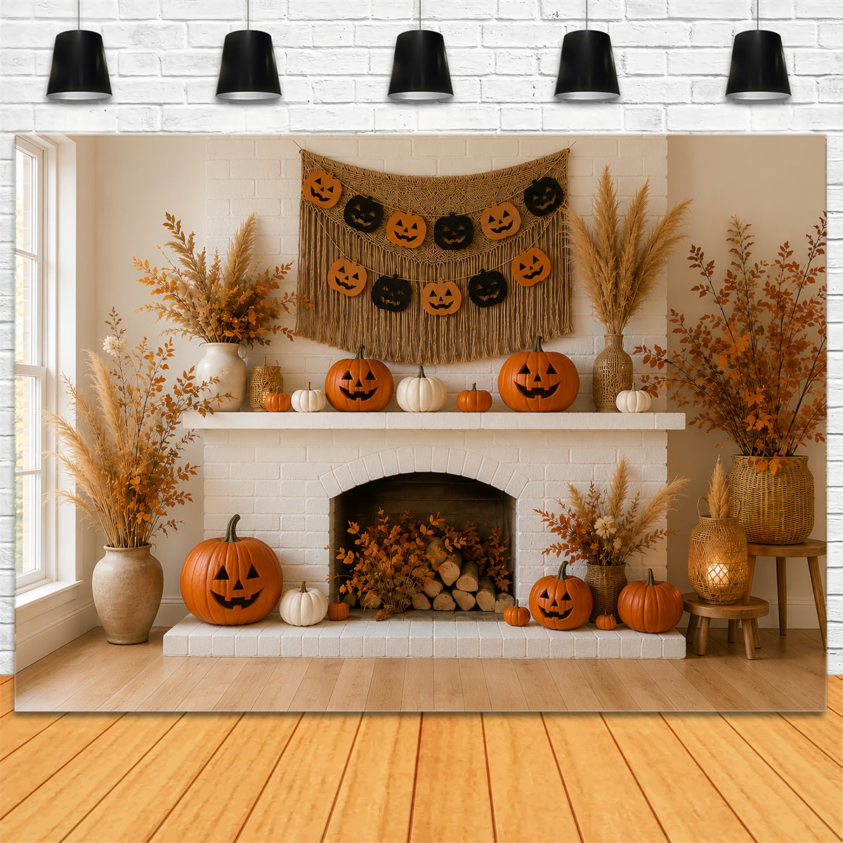 Pumpkin Backdrop Autumn Cozy Fireplace Mantel Halloween Backdrop Ideas LXX67-216