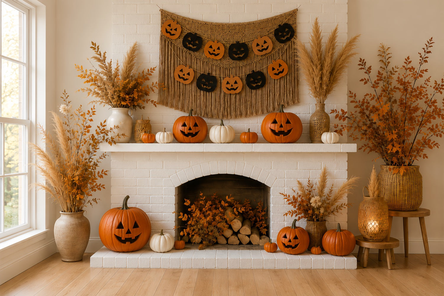 Pumpkin Backdrop Autumn Cozy Fireplace Mantel Halloween Backdrop Ideas LXX67-216
