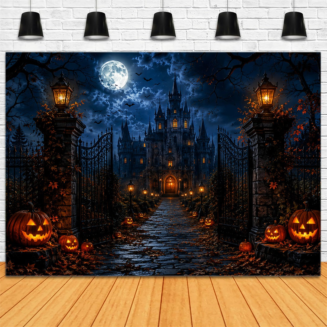 Haunted Forest Backdrop Moonlit Gothic Castle Gate Halloween Wall Backdrop LXX67-218