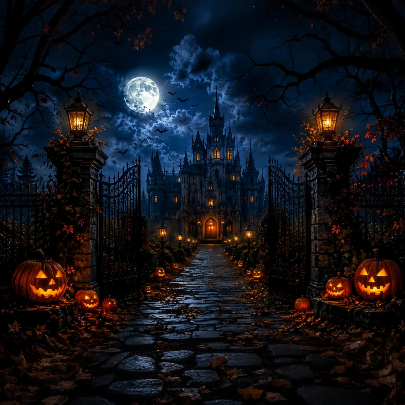 Haunted Forest Backdrop Moonlit Gothic Castle Gate Halloween Wall Backdrop LXX67-218