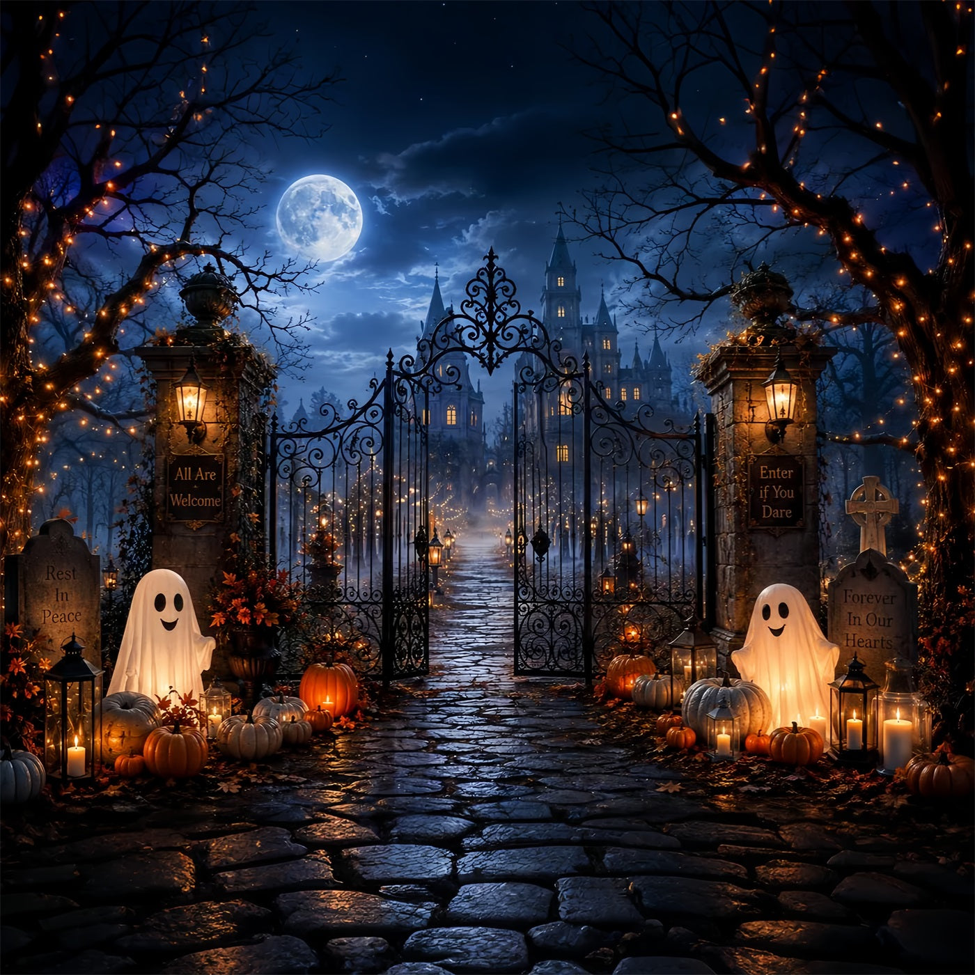 Halloween Graveyard Backdrop Ghostly Castle Entrance Halloween Backdrops Scene Setters LXX67-219