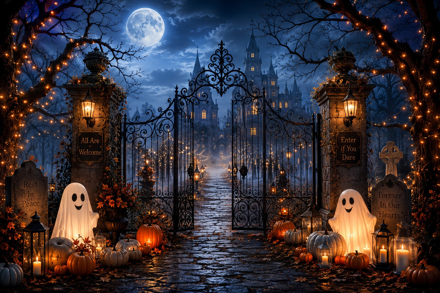 Halloween Graveyard Backdrop Ghostly Castle Entrance Halloween Backdrops Scene Setters LXX67-219