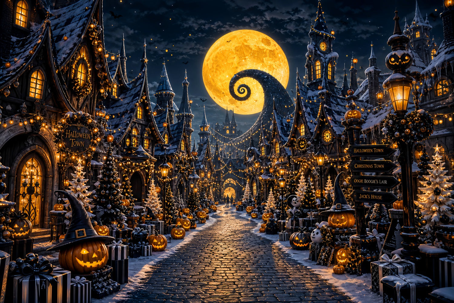 Halloween Village Backdrop Spiral Moon Pumpkin Halloween Photo Booth Backdrop LXX67-220