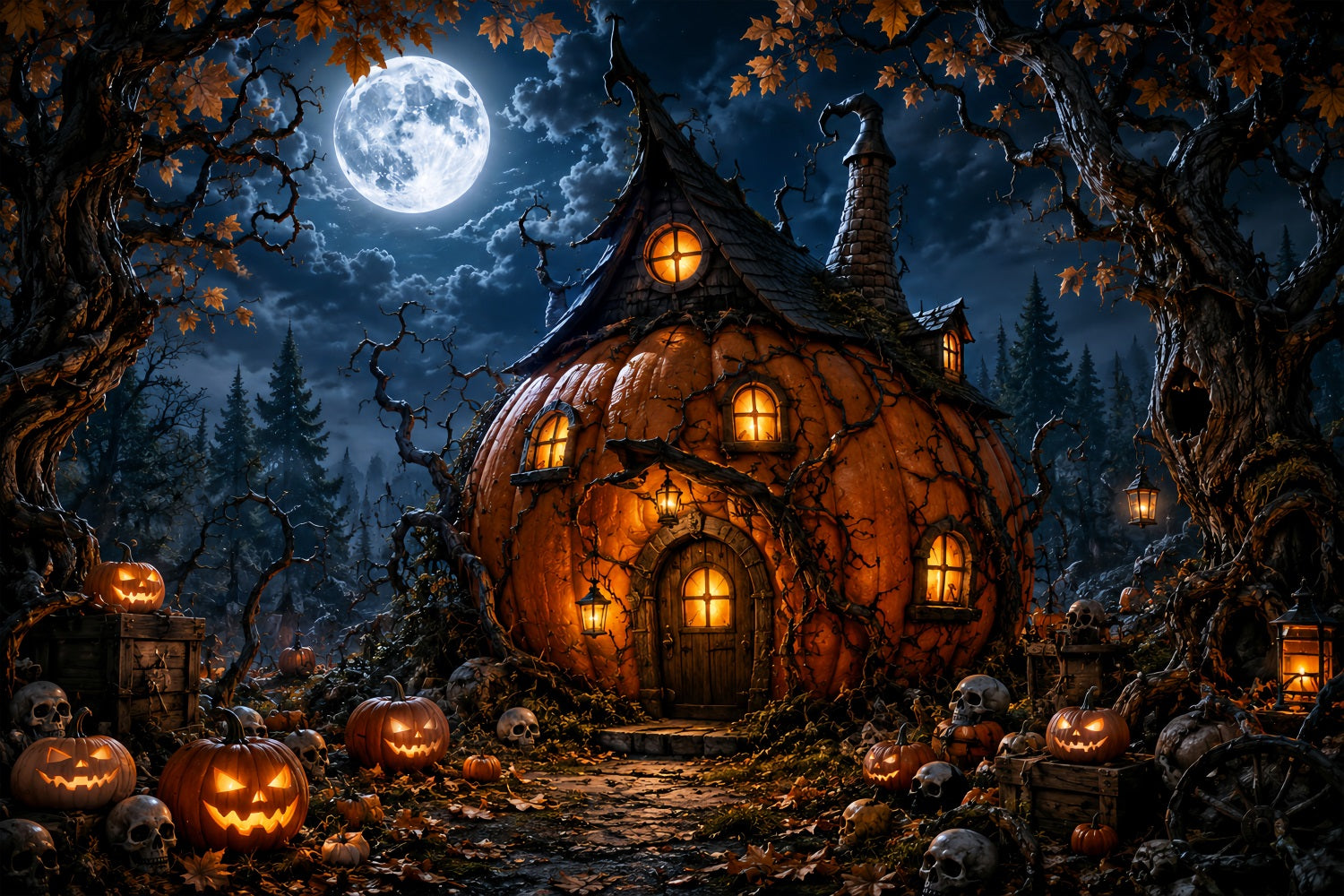 Magical Forest Backdrop Moonlit Pumpkin Witch Cottage Halloween Photo Backdrops LXX67-222