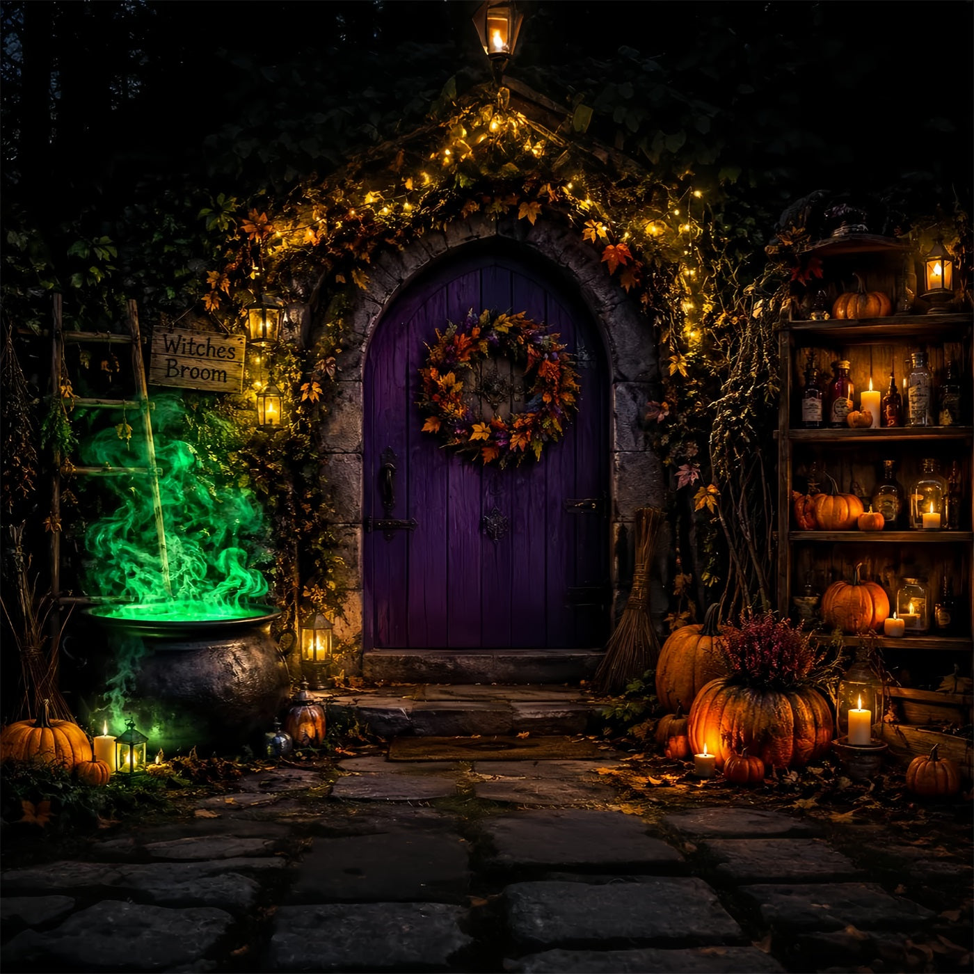 Witch Backdrop Glowing Cauldron Doorway Gothic Backdrops LXX67-223