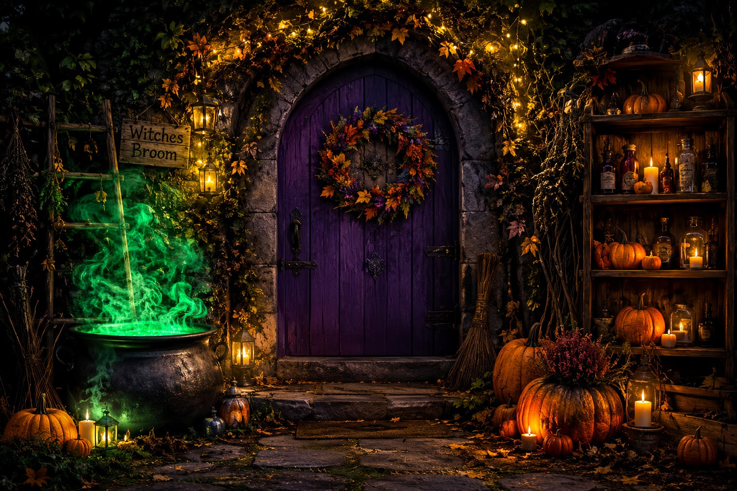 Witch Backdrop Glowing Cauldron Doorway Gothic Backdrops LXX67-223