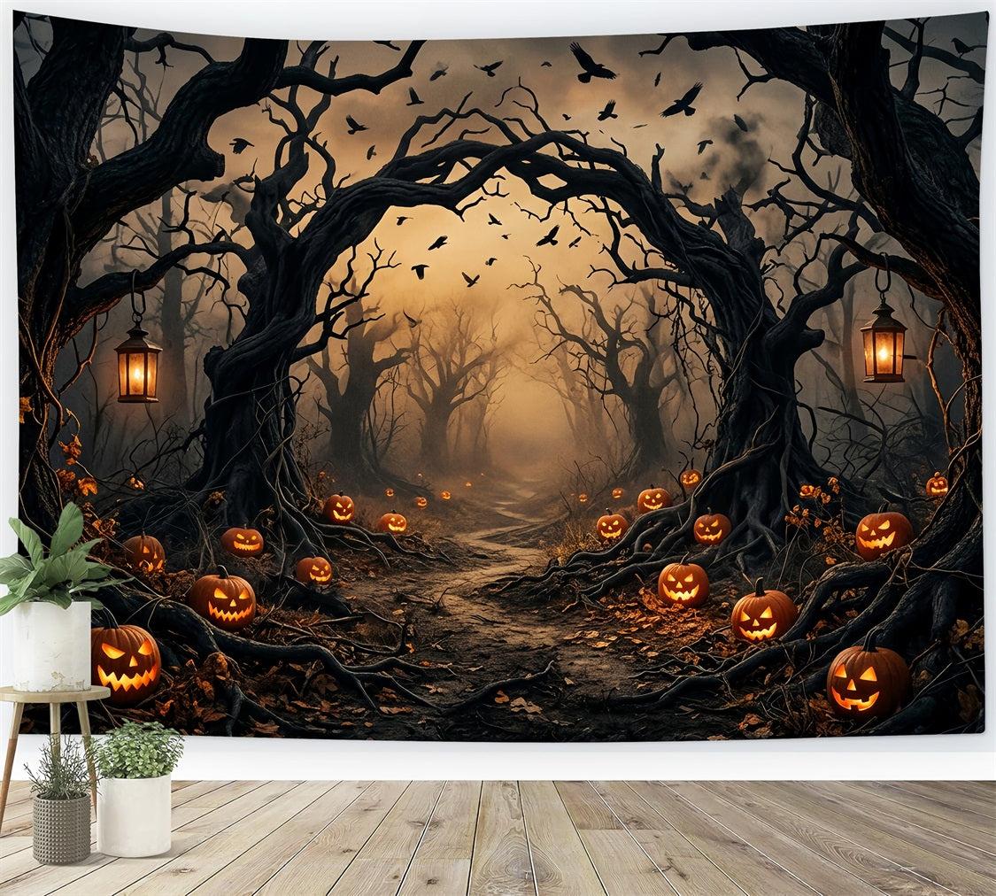 Creepy Forest Backdrop Pumpkin Twisted Trees Spooky Halloween Backdrop LXX67-224