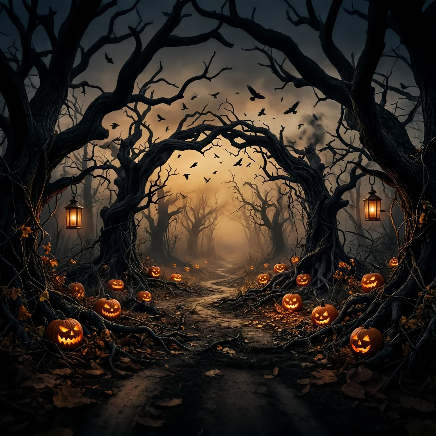 Creepy Forest Backdrop Pumpkin Twisted Trees Spooky Halloween Backdrop LXX67-224