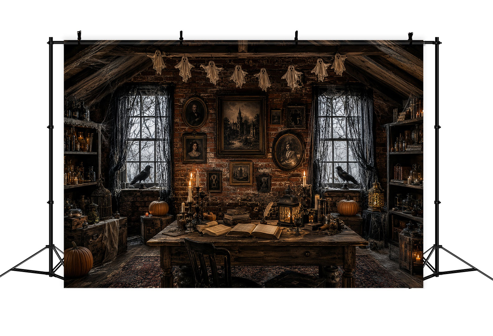 Haunted House Backdrops Candlelit Raven Portrait Attic Halloween Backdrops For Photos LXX67-228