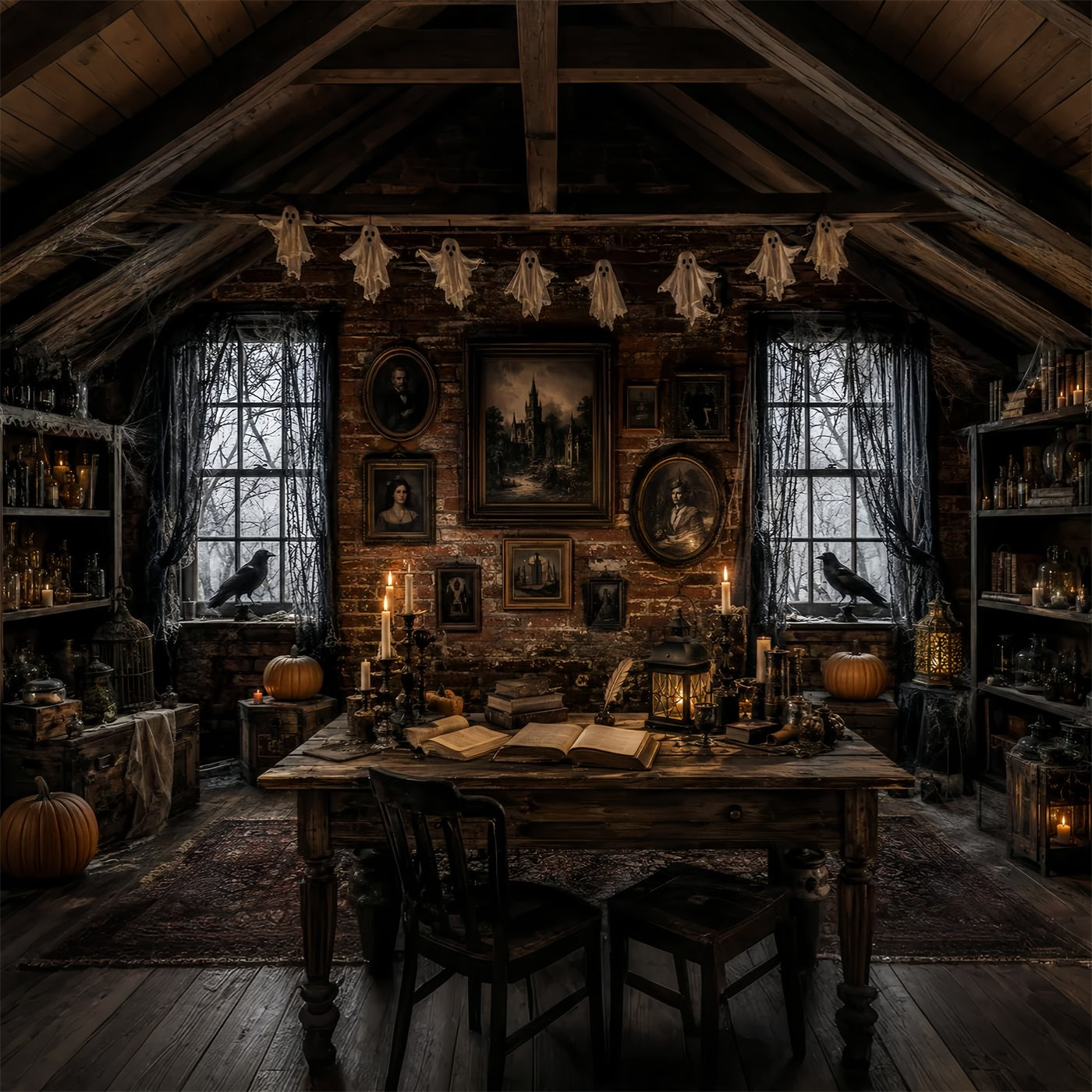 Haunted House Backdrops Candlelit Raven Portrait Attic Halloween Backdrops For Photos LXX67-228