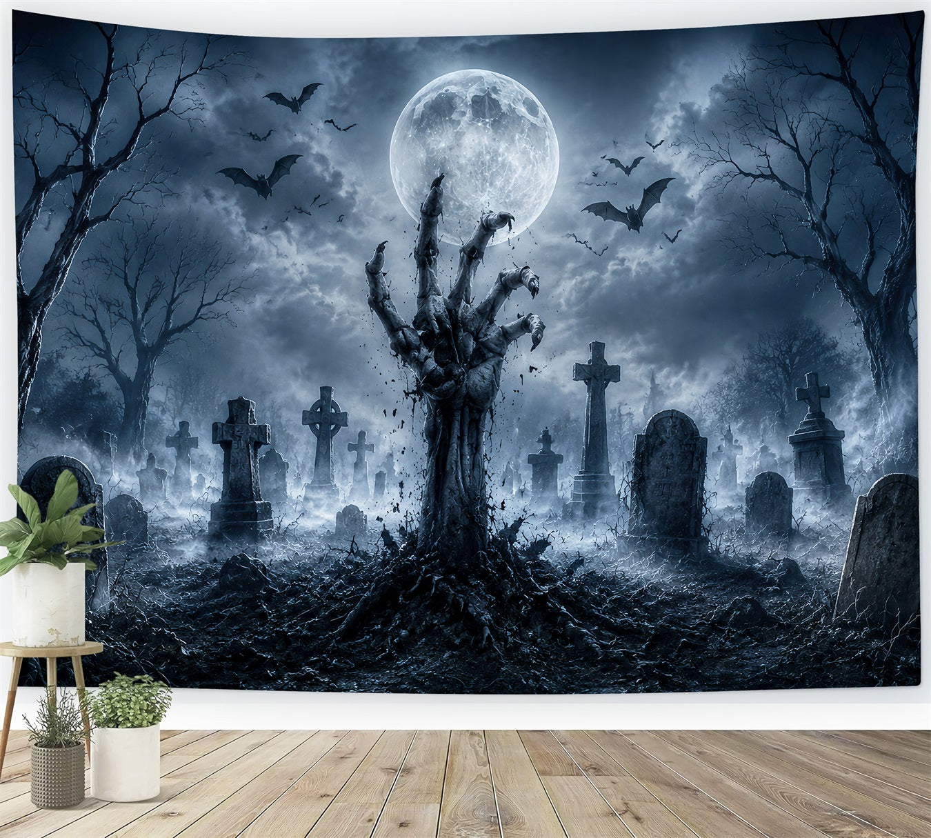Halloween Graveyard Backdrops Zombie Hand Moonlit Graveyard Photo Booth Halloween Backdrop LXX67-23