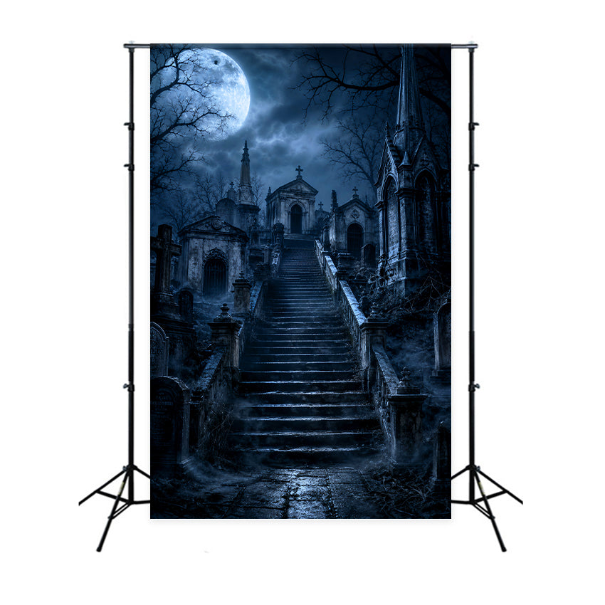 Halloween Cemetery Backdrop Moonlit Gothic Mausoleum Stairway Gothic Photography Backdrops LXX67-230