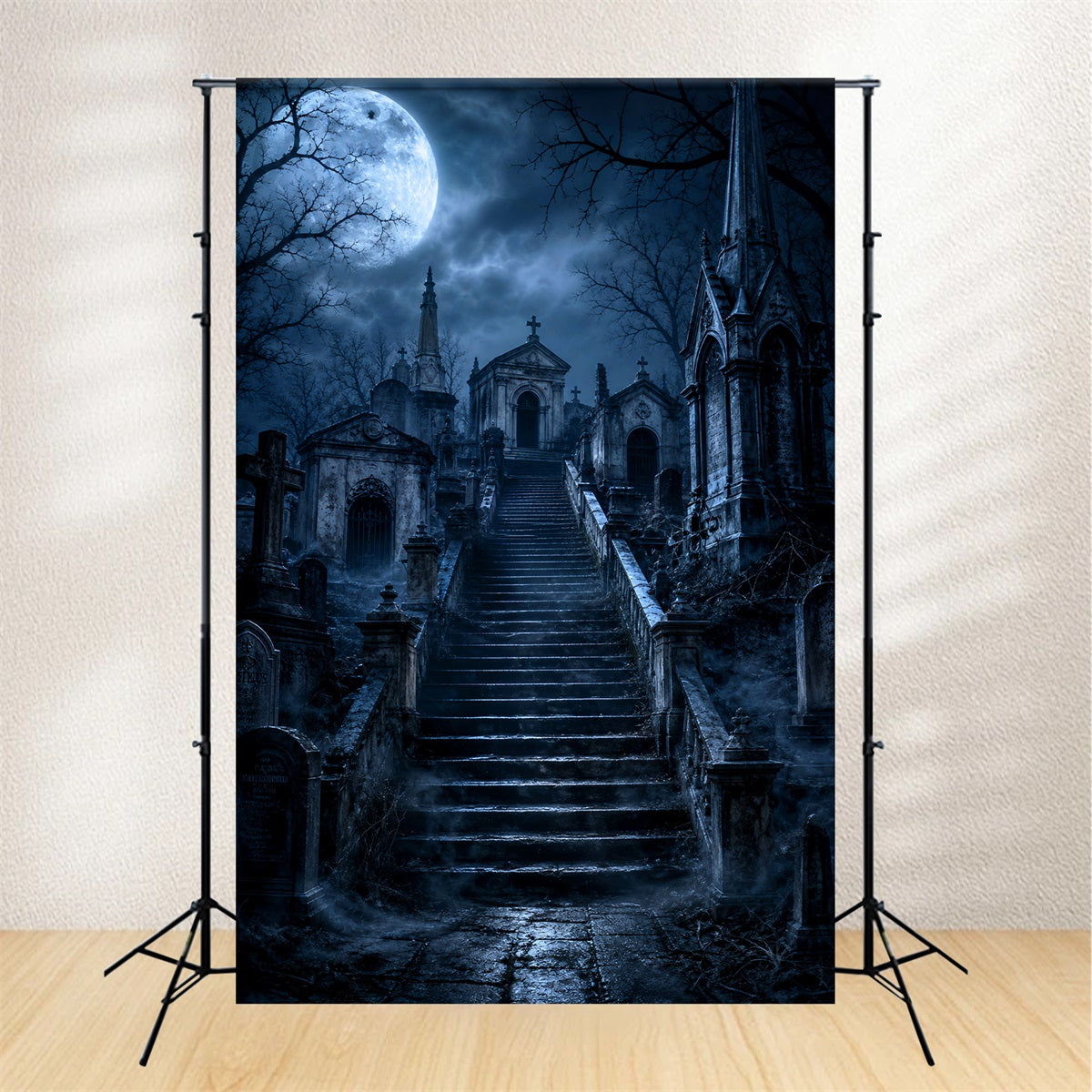 Halloween Cemetery Backdrop Moonlit Gothic Mausoleum Stairway Gothic Photography Backdrops LXX67-230