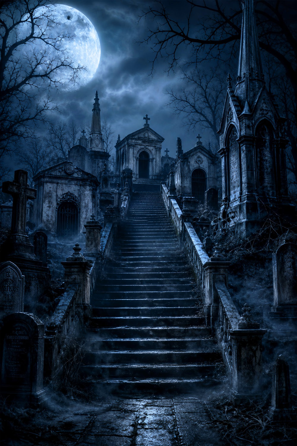 Halloween Cemetery Backdrop Moonlit Gothic Mausoleum Stairway Gothic Photography Backdrops LXX67-230