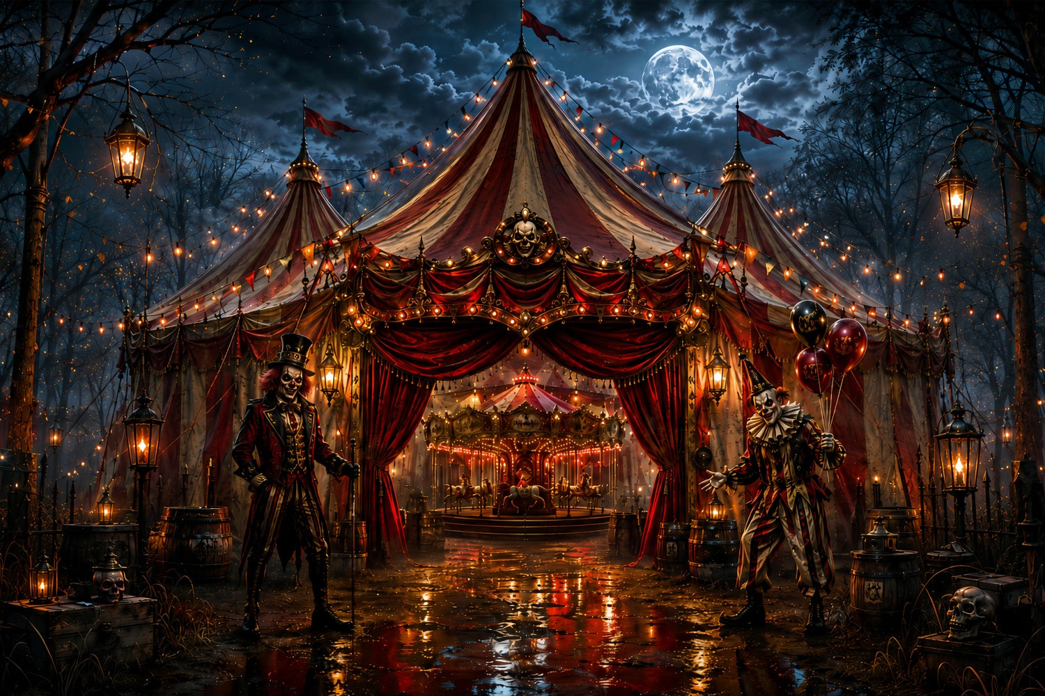 Creepy Carnival Backdrop Sinister Clown Circus Entrance Backdrop Halloween LXX67-231