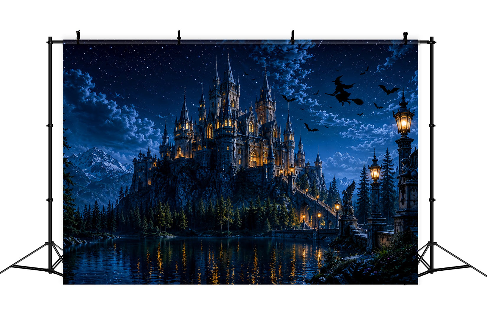 Haunted Castle Backdrop Moonlit Witch House Lake Halloween Picture Backdrop LXX67-233