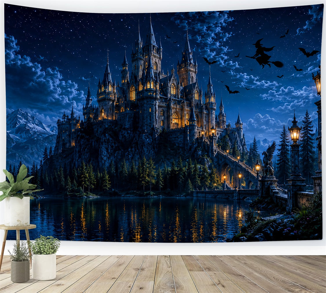 Haunted Castle Backdrop Moonlit Witch House Lake Halloween Picture Backdrop LXX67-233