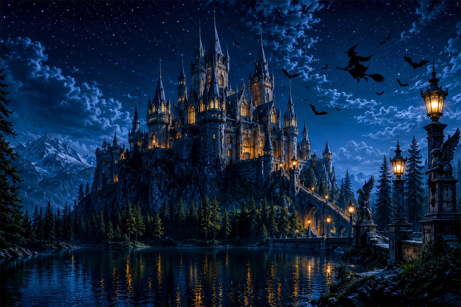 Haunted Castle Backdrop Moonlit Witch House Lake Halloween Picture Backdrop LXX67-233