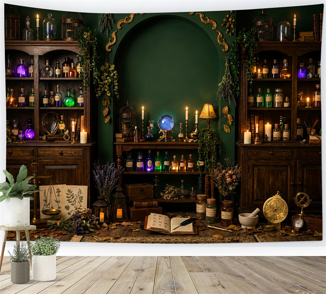 Haunted Library Backdrop Emerald Witch Apothecary Chamber Large Halloween Backdrop LXX67-234