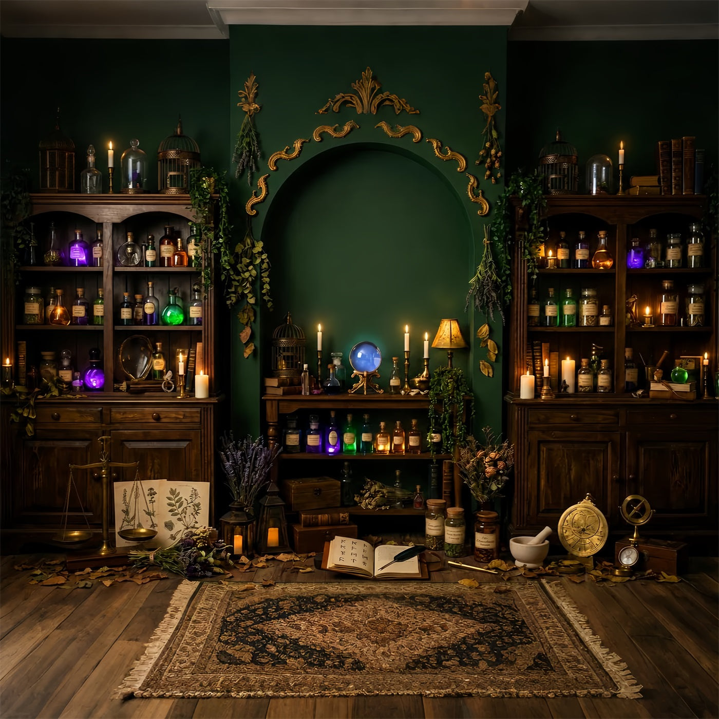 Haunted Library Backdrop Emerald Witch Apothecary Chamber Large Halloween Backdrop LXX67-234