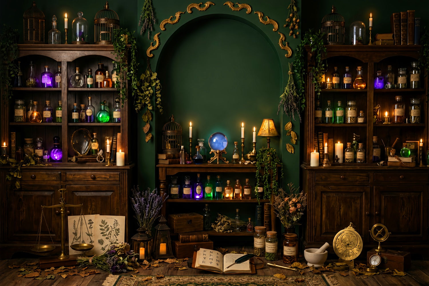 Haunted Library Backdrop Emerald Witch Apothecary Chamber Large Halloween Backdrop LXX67-234