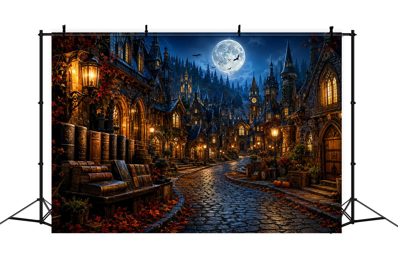 Halloweentown Backdrop Moonlit Gothic Bookshop Village Scary Halloween Backdrops LXX67-236