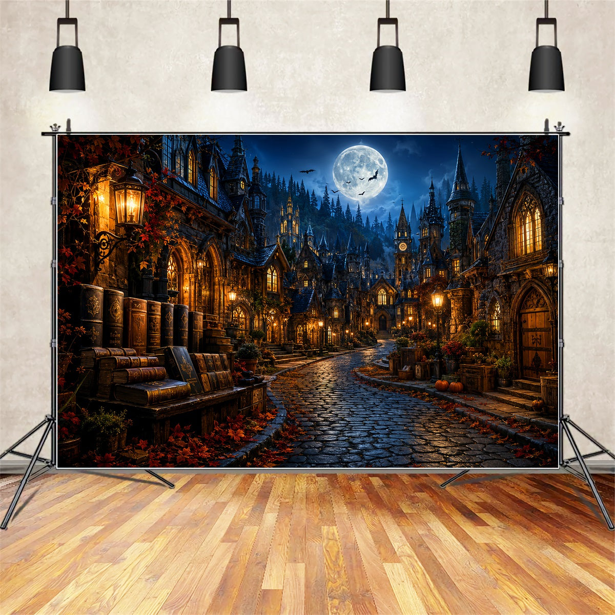 Halloweentown Backdrop Moonlit Gothic Bookshop Village Scary Halloween Backdrops LXX67-236