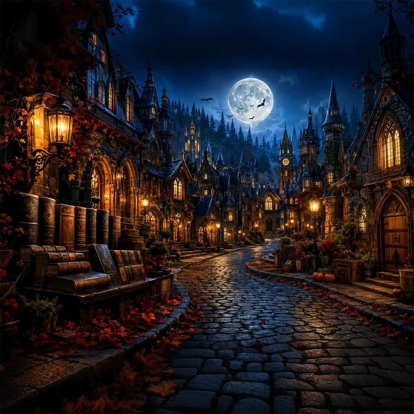 Halloweentown Backdrop Moonlit Gothic Bookshop Village Scary Halloween Backdrops LXX67-236