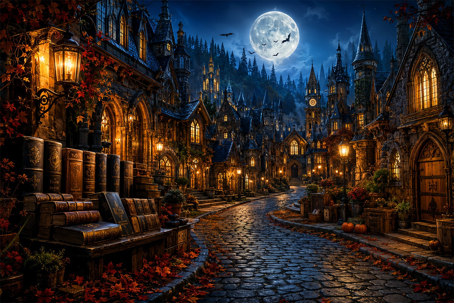 Halloweentown Backdrop Moonlit Gothic Bookshop Village Scary Halloween Backdrops LXX67-236