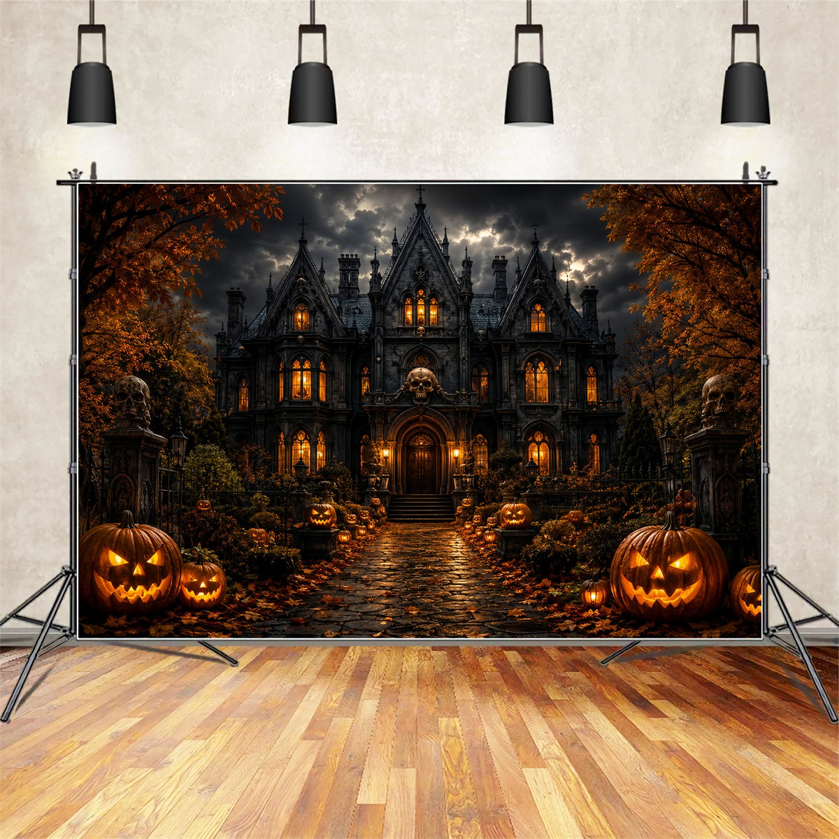 Haunted Mansion Photo Backdrop Stormy Skull Manor Entrance Scary Backdrops LXX67-238