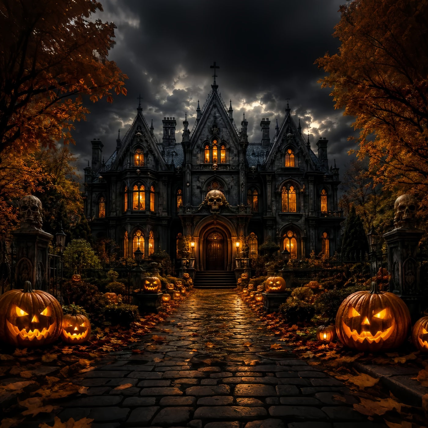 Haunted Mansion Photo Backdrop Stormy Skull Manor Entrance Scary Backdrops LXX67-238