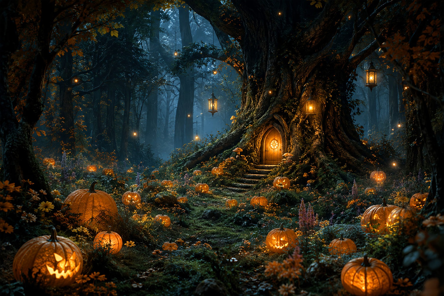 Scary Forest Backdrop Lanternlit Pumpkin Tree Cottage Halloween Photography Backdrop LXX67-239