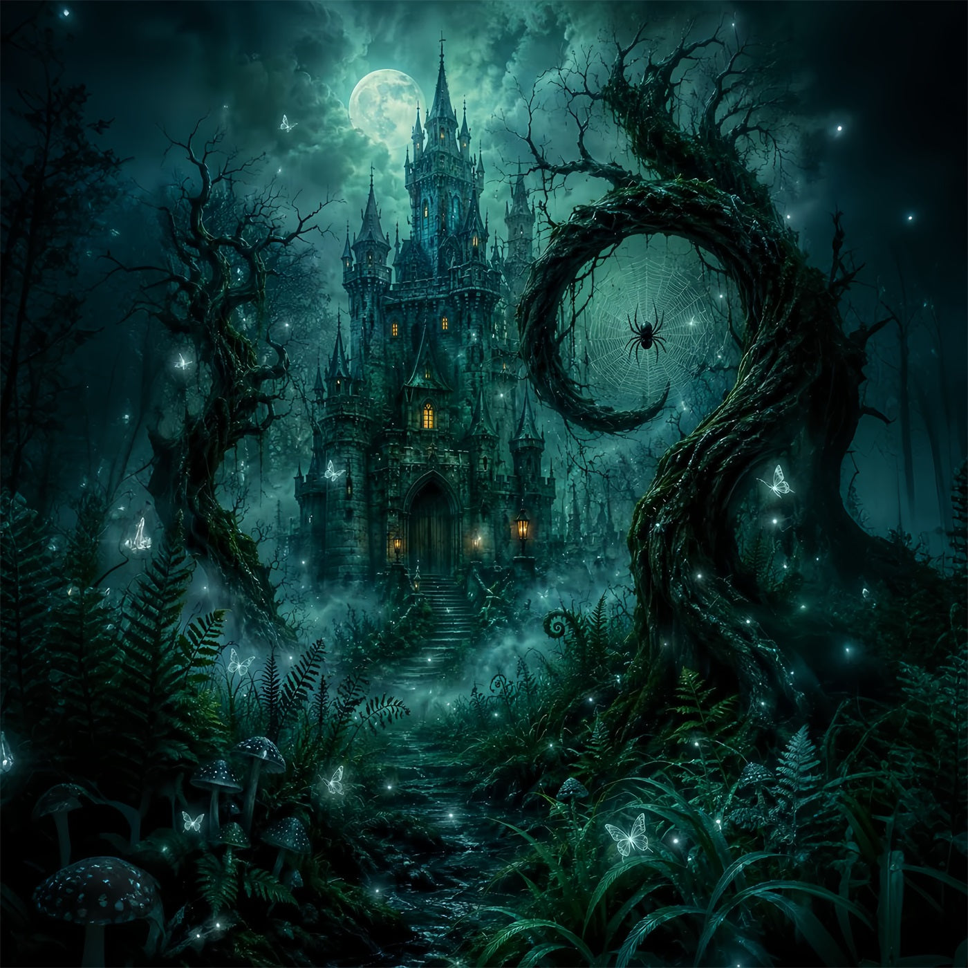 Spooky Woods Backdrop Emerald Spider Castle Forest Haunted Backdrop LXX67-240
