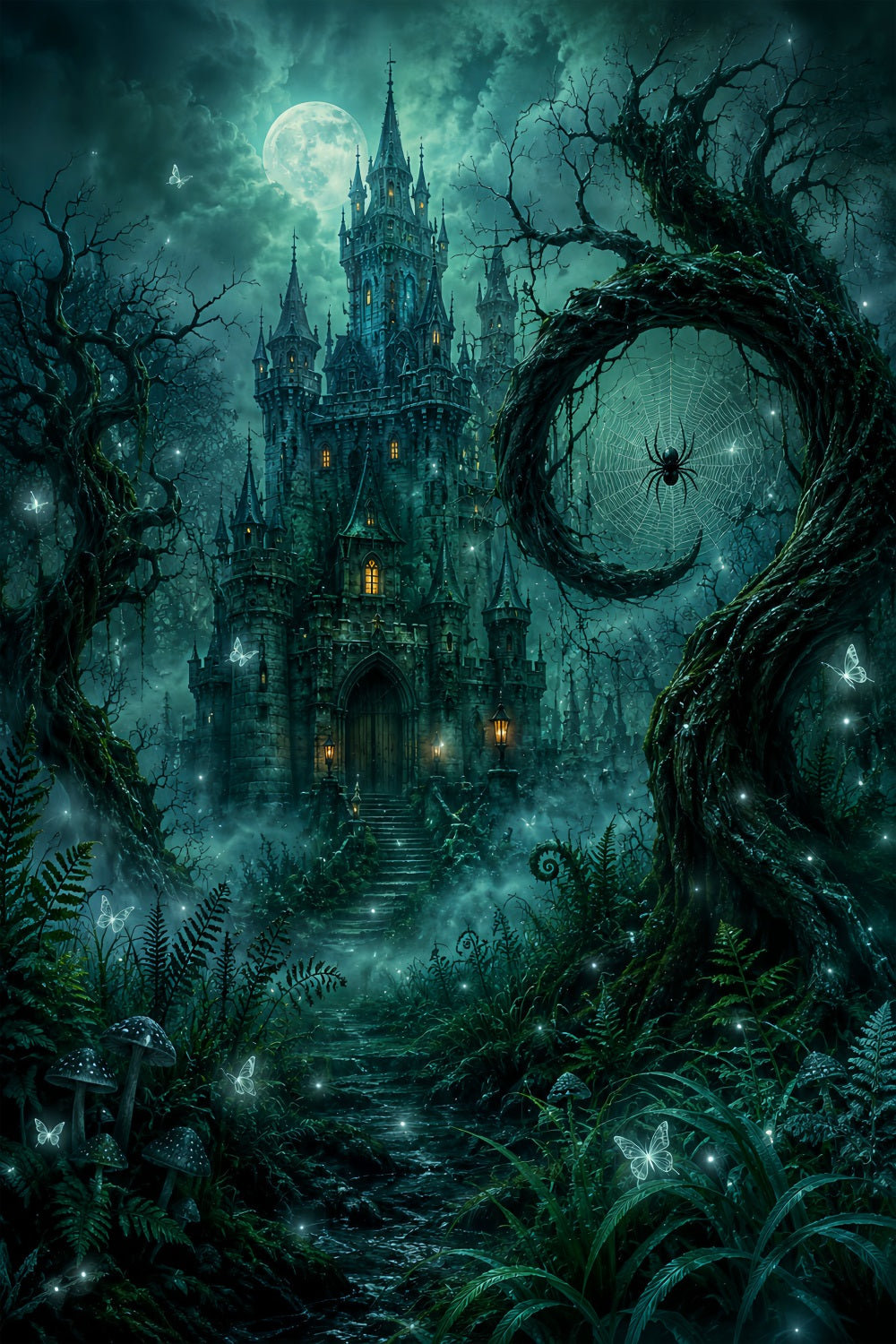 Spooky Woods Backdrop Emerald Spider Castle Forest Haunted Backdrop LXX67-240