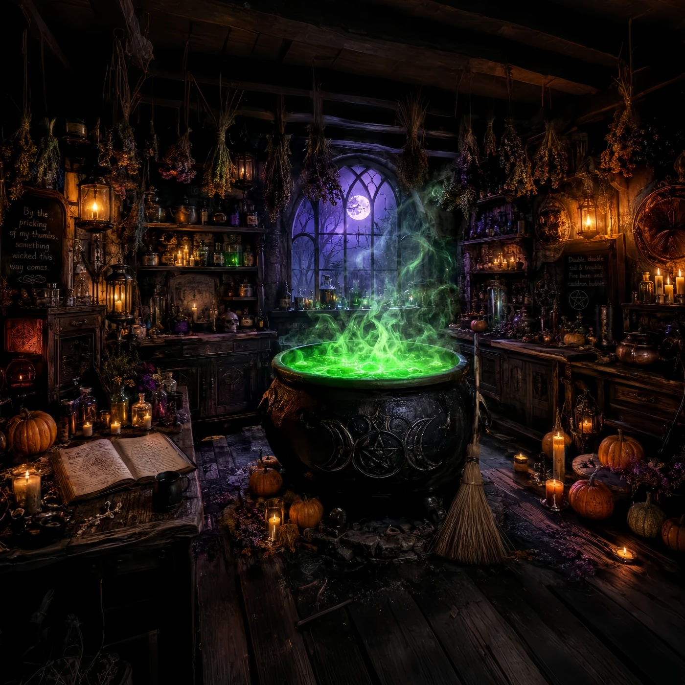 Halloween Witch Backdrop Green Cauldron Workshop Halloween Party Photo Backdrop LXX67-241