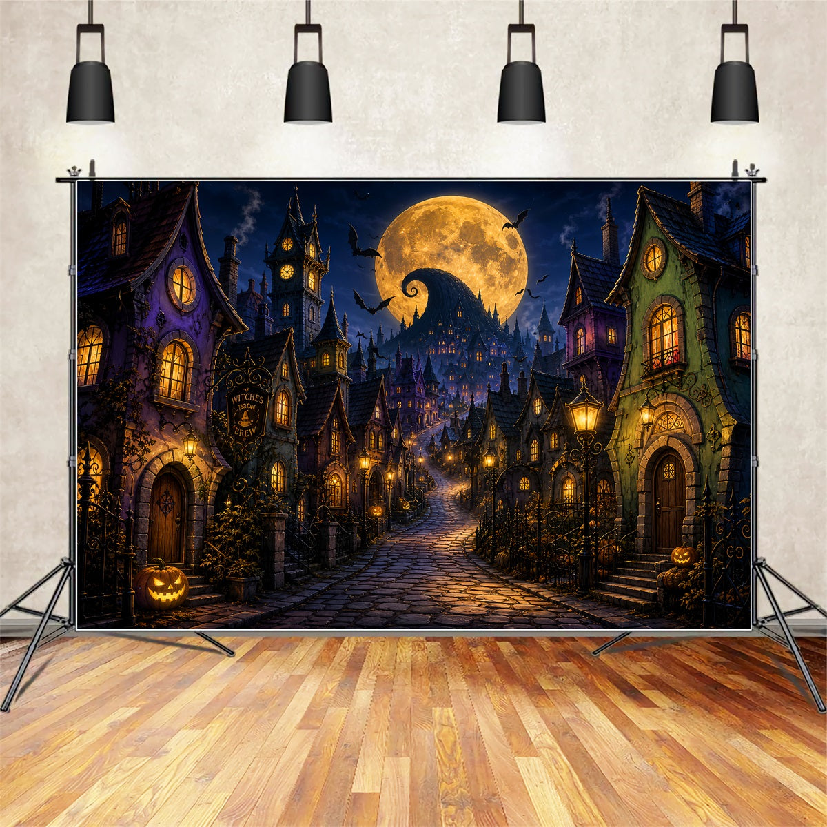 Halloween Town Backdrop Golden Moon Witch Village Photo Backdrop Halloween LXX67-243