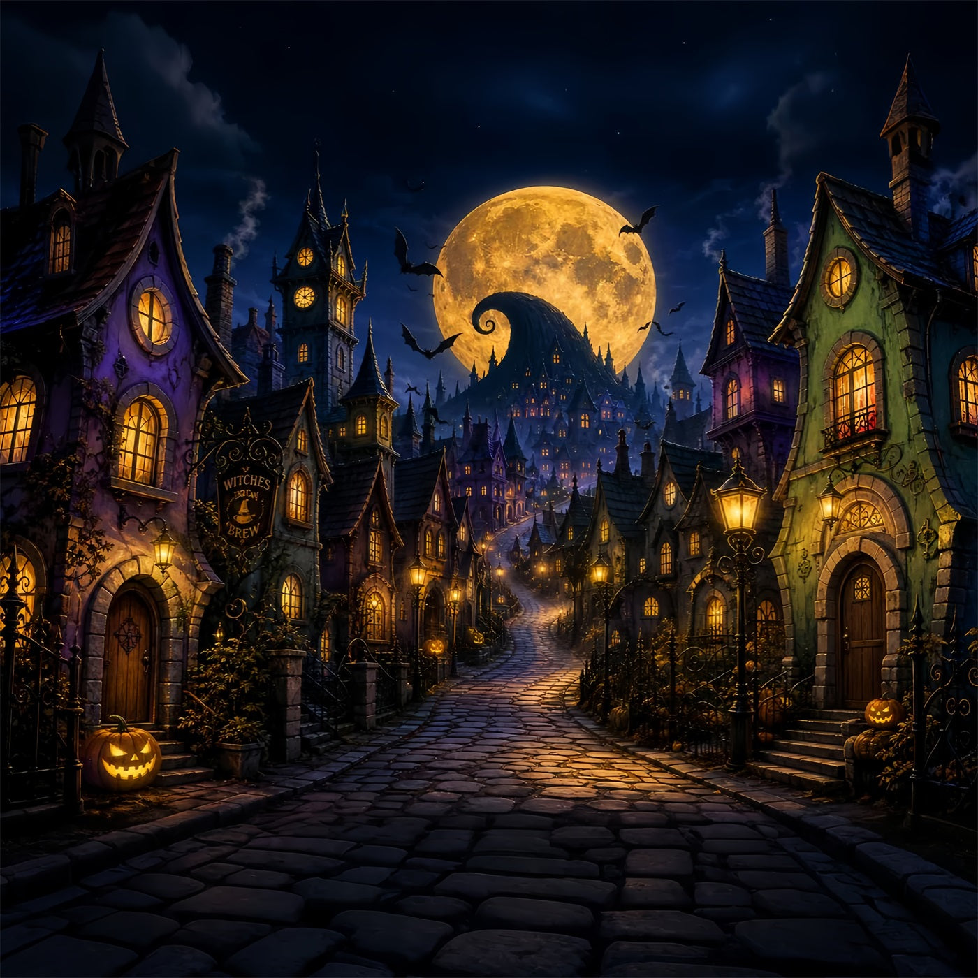 Halloween Town Backdrop Golden Moon Witch Village Photo Backdrop Halloween LXX67-243