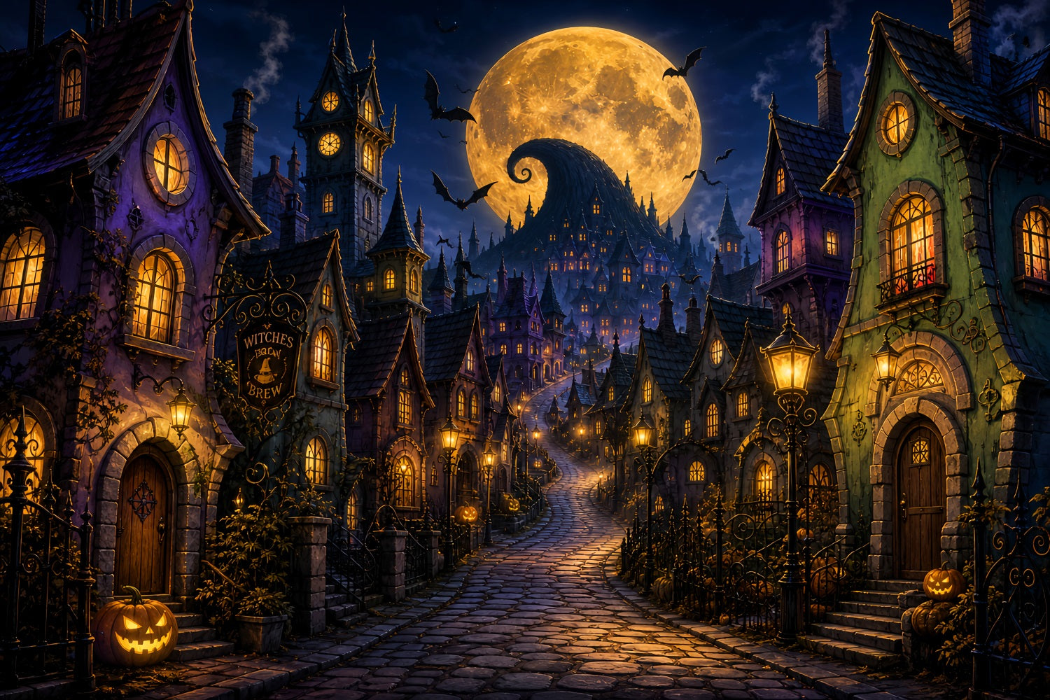 Halloween Town Backdrop Golden Moon Witch Village Photo Backdrop Halloween LXX67-243
