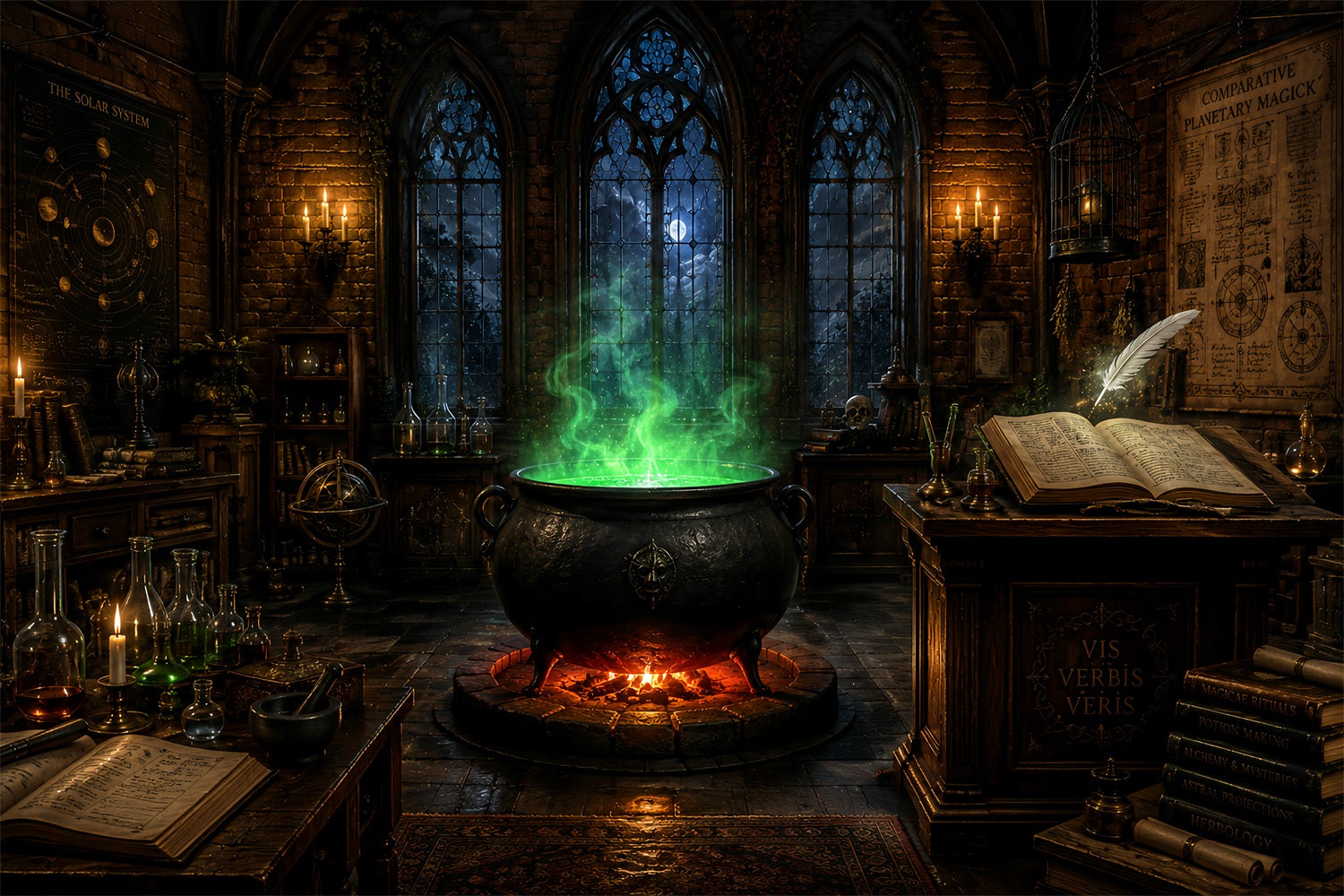Spooky Castle Backdrop Emerald Cauldron Magic Classroom Magical Backdrop LXX67-244