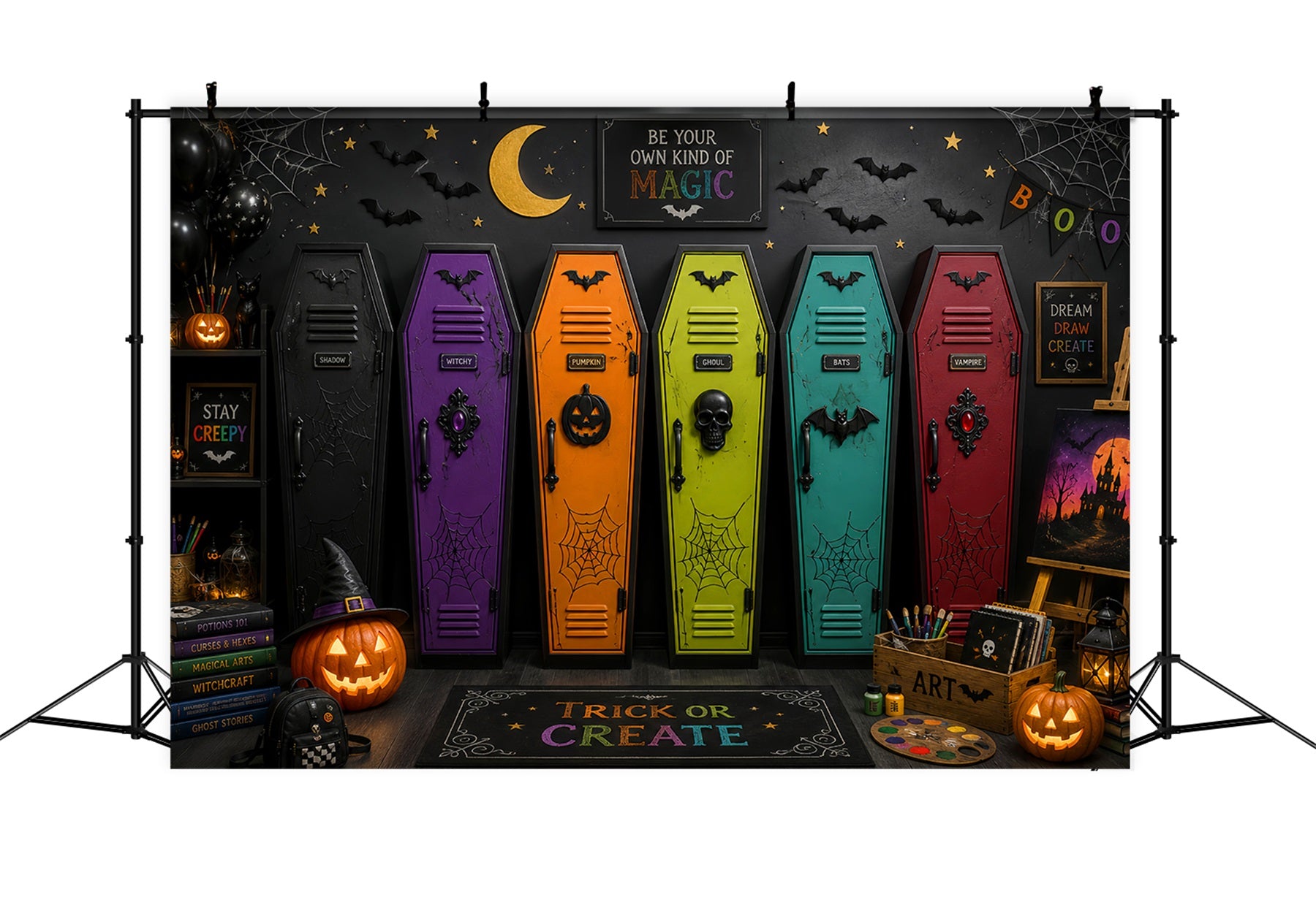 Coffin Backdrop Colorful Coffin Art Classroom Photo Booth Halloween Backdrop LXX67-246
