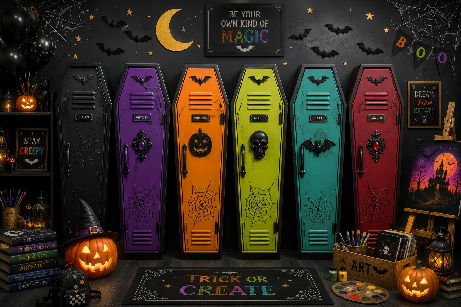Coffin Backdrop Colorful Coffin Art Classroom Photo Booth Halloween Backdrop LXX67-246