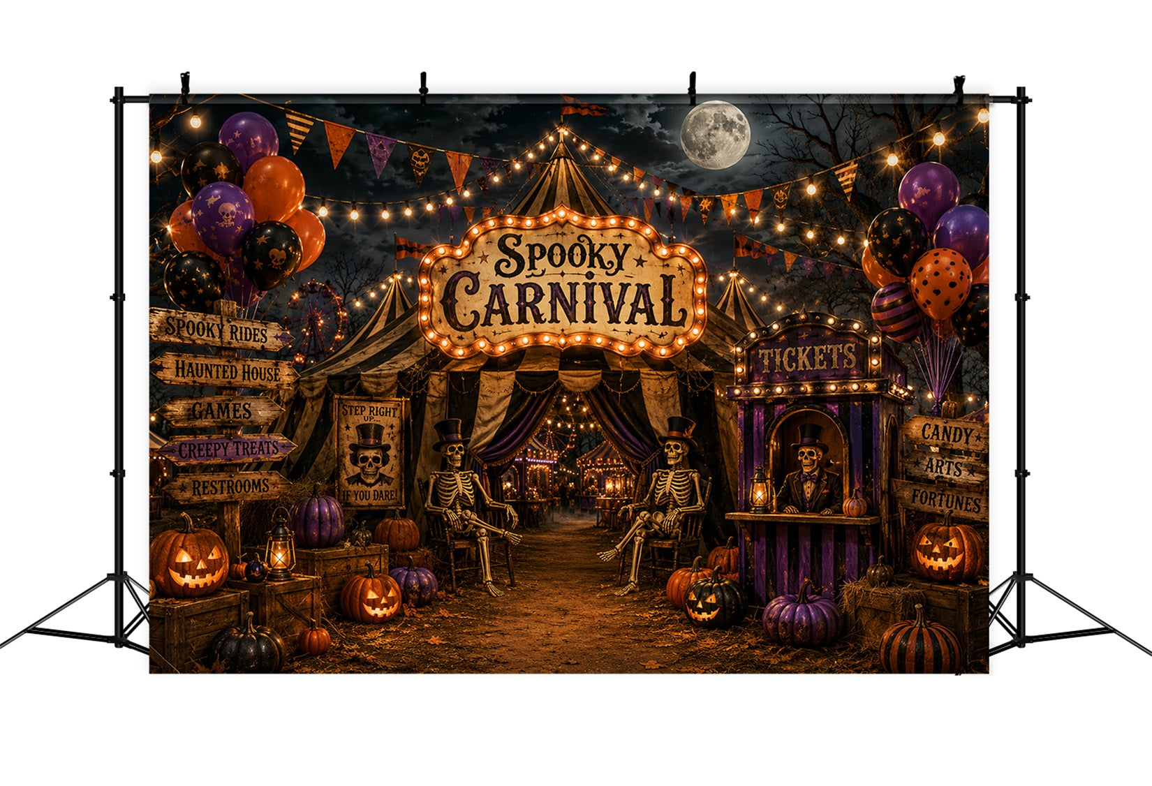 Halloween Circus Backdrop Moonlit Skeleton Carnival Entrance Horror Backdrops LXX67-247