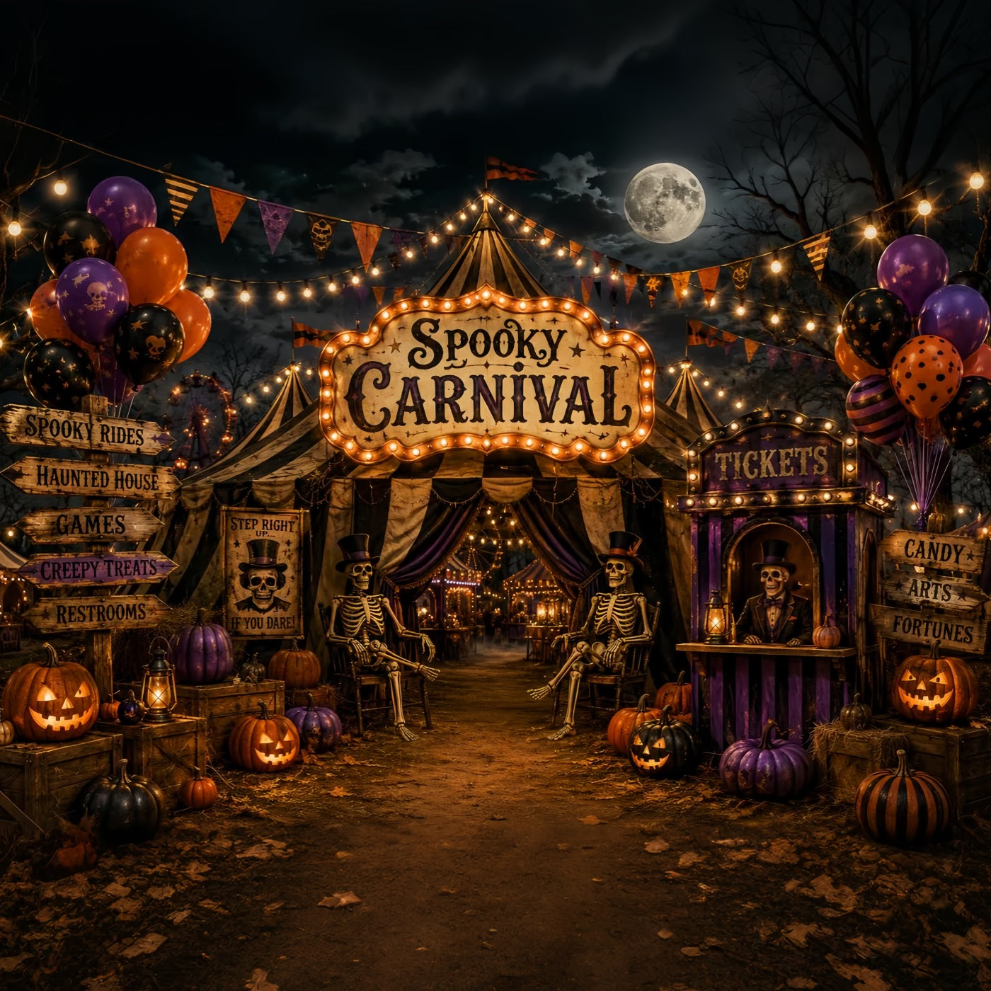 Halloween Circus Backdrop Moonlit Skeleton Carnival Entrance Horror Backdrops LXX67-247