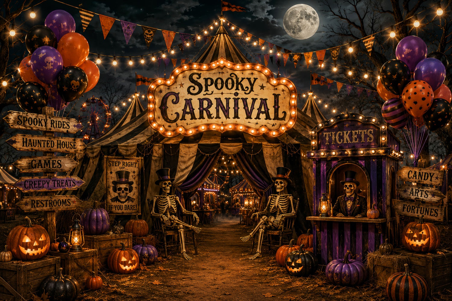 Halloween Circus Backdrop Moonlit Skeleton Carnival Entrance Horror Backdrops LXX67-247
