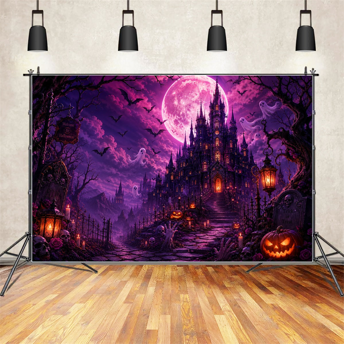 Graveyard Halloween Backdrops Purple Moon Ghost Castle Pink Halloween Backdrop LXX67-248