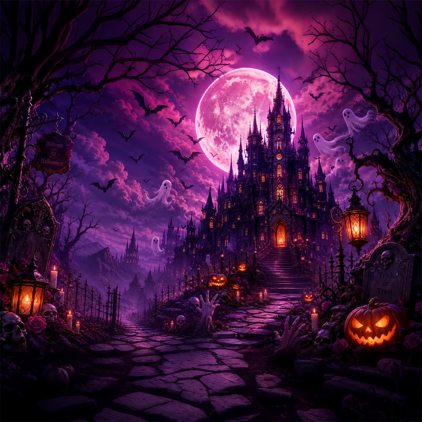 Graveyard Halloween Backdrops Purple Moon Ghost Castle Pink Halloween Backdrop LXX67-248