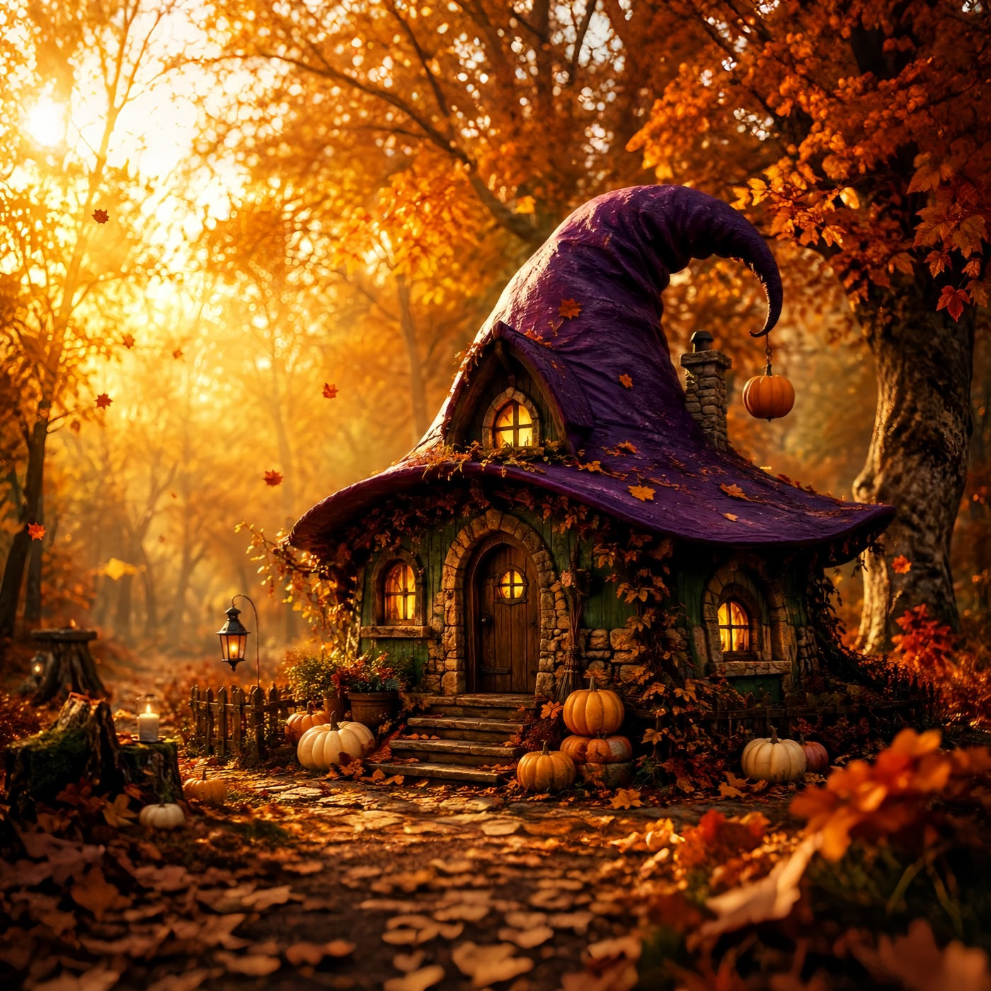 Witch House Backdrop Autumn Witch Hat Cottage Spooky Photo Backdrop LXX67-249