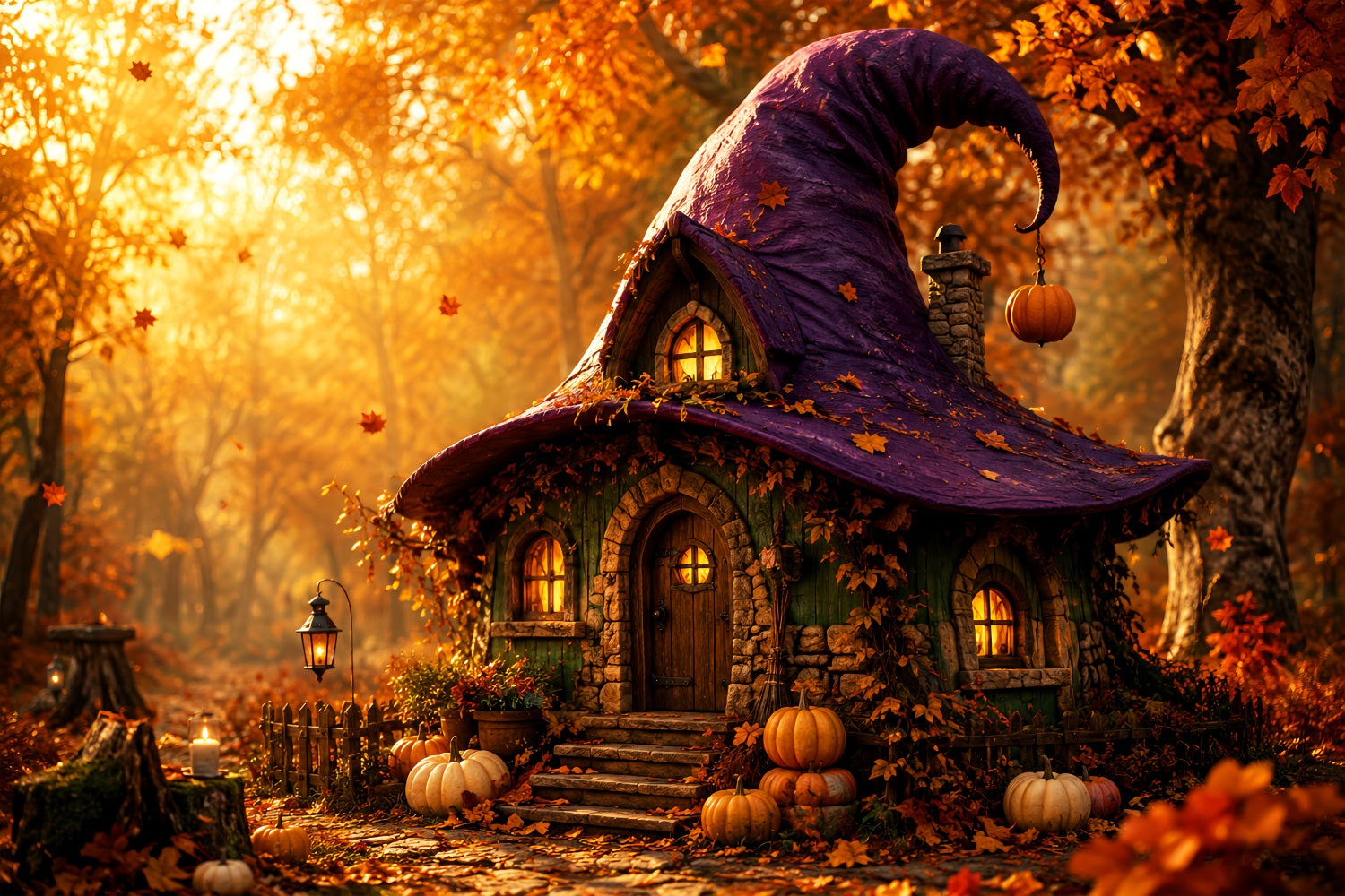 Witch House Backdrop Autumn Witch Hat Cottage Spooky Photo Backdrop LXX67-249