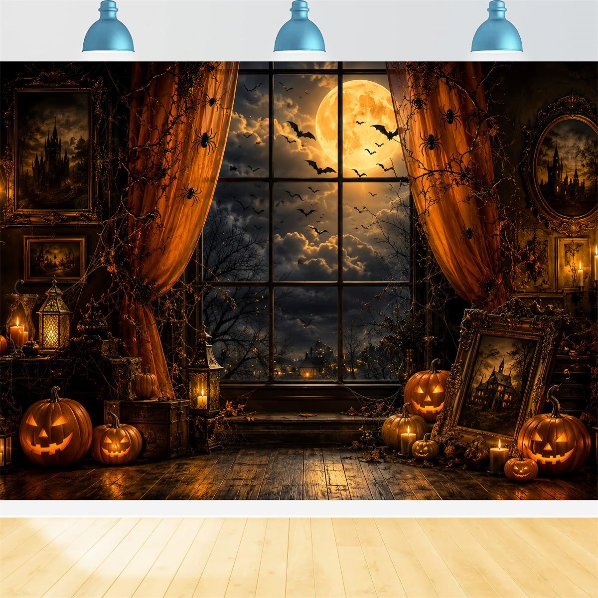 Halloween Window Backdrop Moonlit Pumpkin Portrait Chamber Cute Halloween Backdrop LXX67-250