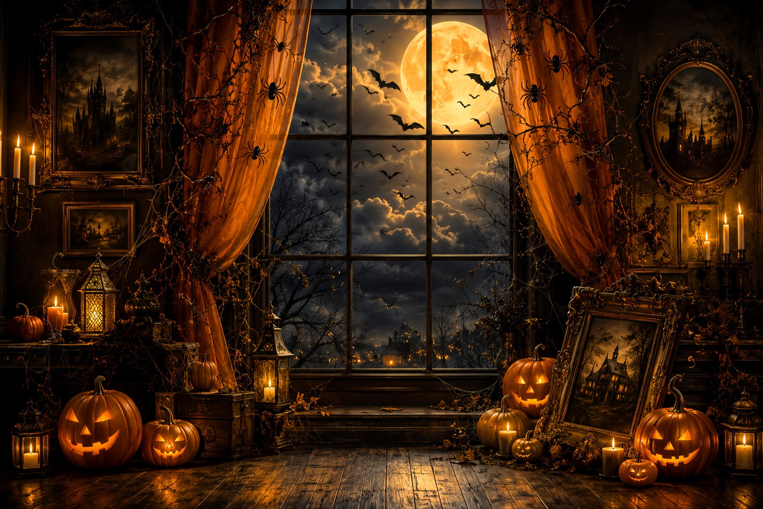 Halloween Window Backdrop Moonlit Pumpkin Portrait Chamber Cute Halloween Backdrop LXX67-250